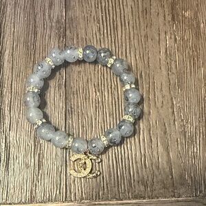 Real stone Elegant Gray Beaded Stretch Bracelet with Gold CC Charm